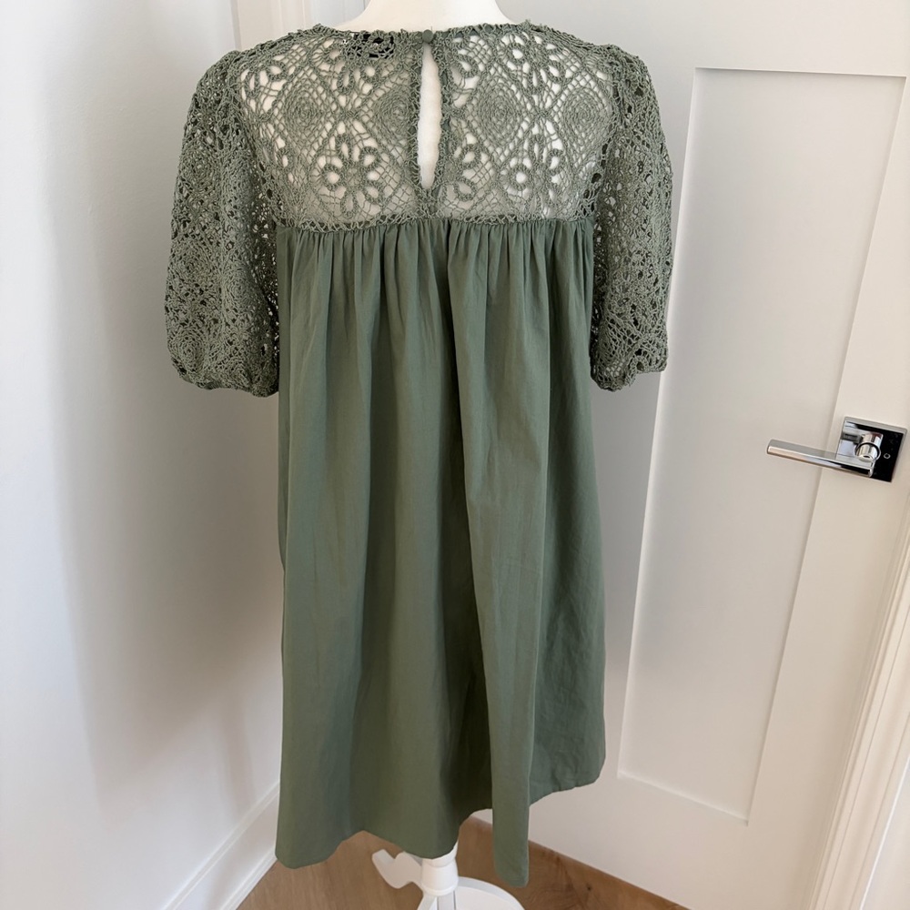 ASOS DESIGN crochet sleeve & neck midi smock dress in Sage Green Sz US 10*H19 - Picture 4 of 5